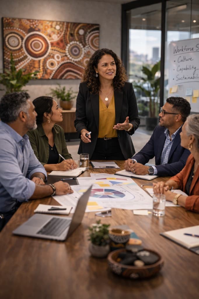 Workforce consulting – diverse team in discussion with Indigenous artwork